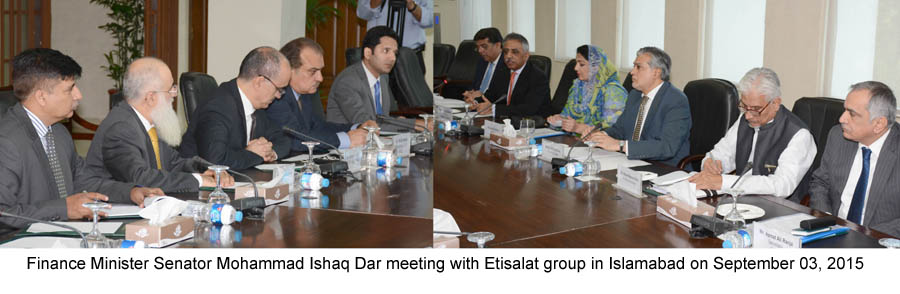 Finance Minister Senator Mohammad Ishaq Dar meeting with Etisalat group in Islamabad on September 03, 2015