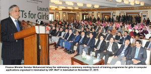 Finance Minister Senator Mohammad Ishaq Dar addressing a ceremony marking launch of training programme for girls in computer applications orgnaised in Islamabad by USF, MoIT in Islamabad on November 27, 2015