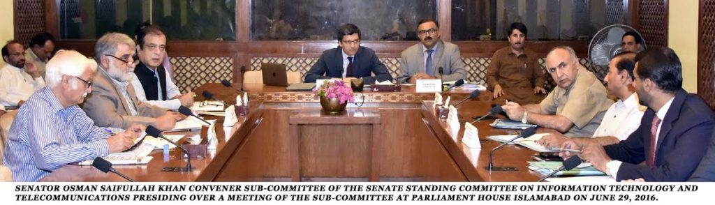 SENATOR OSMAN SAIFULLAH KHAN CONVENER SUB-COMMITTEE OF THE SENATE STANDING COMMITTEE ON INFORMATION TECHNOLOGY AND TELECOMMUNICATIONS PRESIDING OVER A MEETING OF THE SUB-COMMITTEE AT PARLIAMENT HOUSE ISLAMABAD ON JUNE 29, 2016.