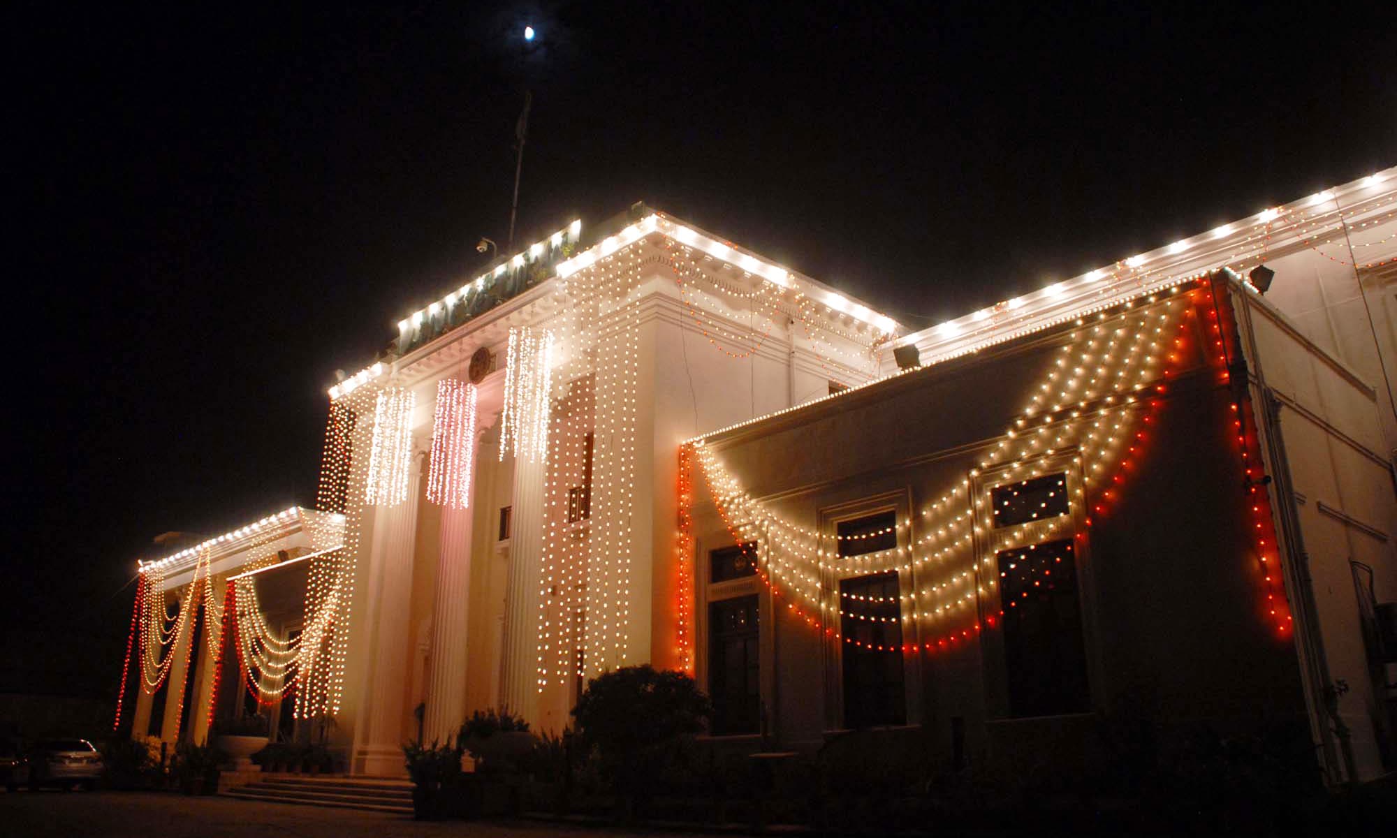 PESHAWAR, PAKISTAN, AUG 13: Lightning glow the beauty of Khyber Pakhtunkhwa  Assembly building on the occasion of Pakistan Independence Day, in Peshawar on Saturday,  August 13, 2016. (Fahad Pervez/PPI Images).